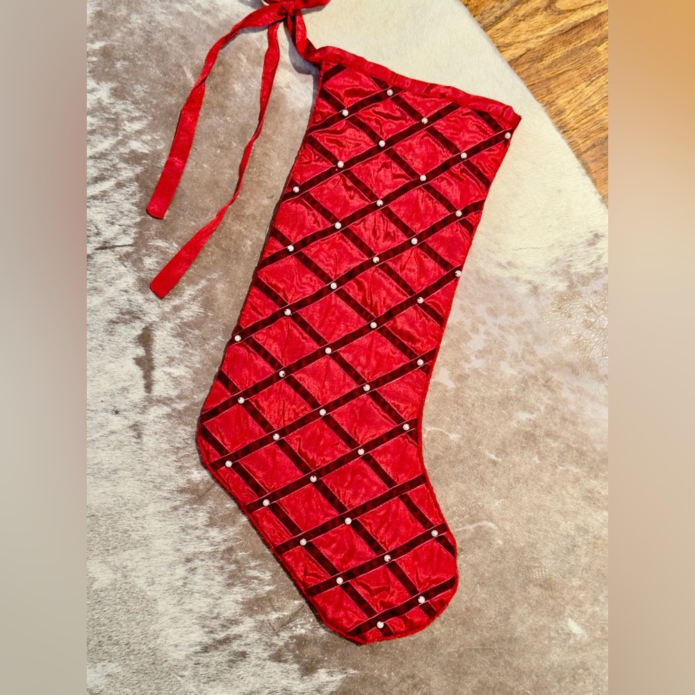 Burgundy Red Velvet & Pearl CrissCross Embroidered Christmas Stocking Maximalist
